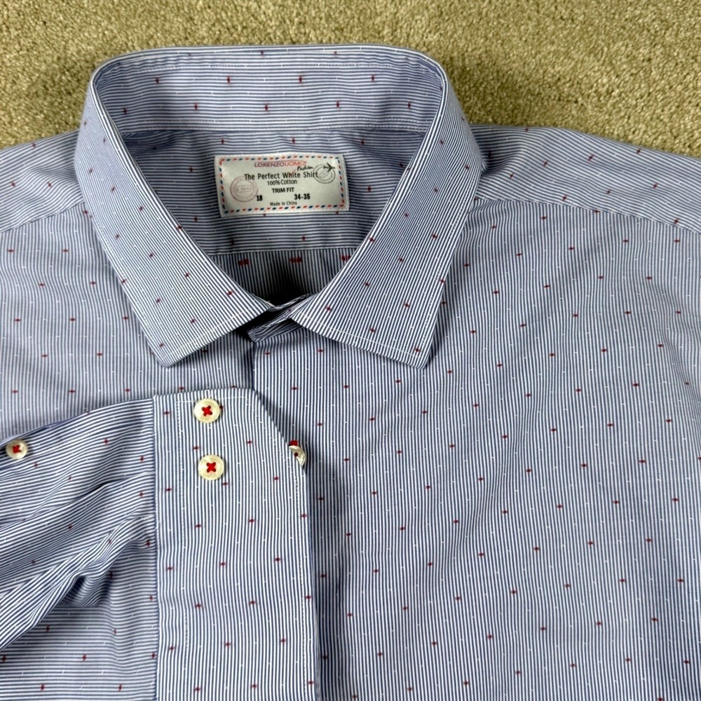 Lorenzo Uomo Mens 18 34-35 Blue Striped Dress Shirt Mens Trim Fit Cotton Dot
